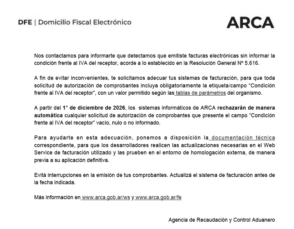 Ejemplo de comunicación de ARCA a monotributistas